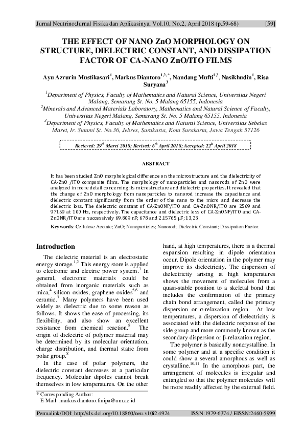 (PDF) THE EFFECT OF NANO ZnO MORPHOLOGY ON STRUCTURE, DIELECTRIC ...