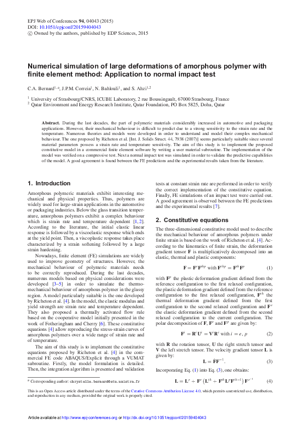 (PDF) Numerical simulation of large deformations of amorphous polymer ...