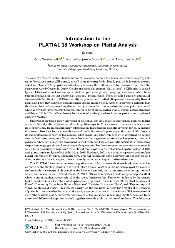 (PDF) Introduction to the PLATIAL'18 Workshop on Platial Analysis