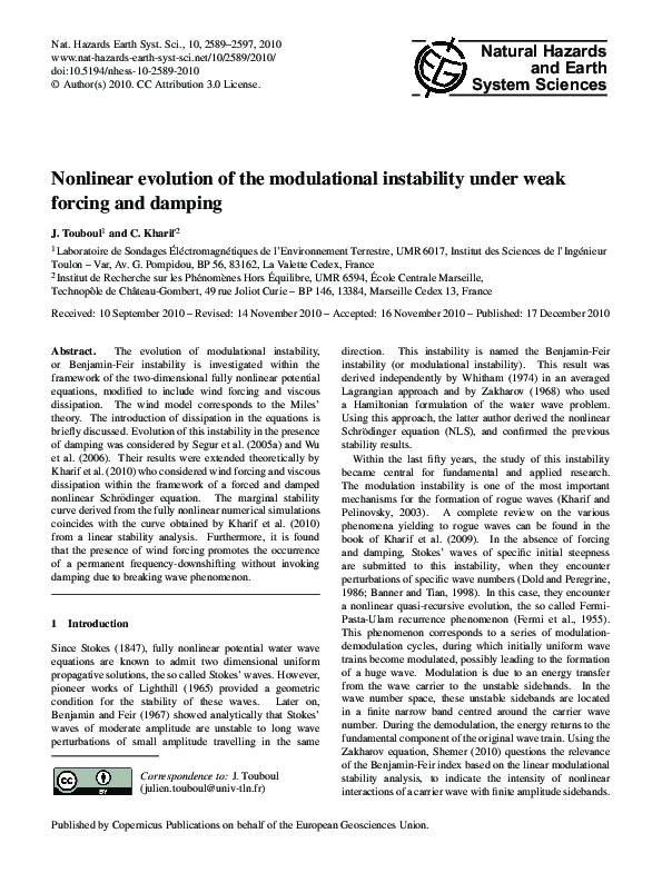 (PDF) Nonlinear evolution of the modulational instability under weak ...