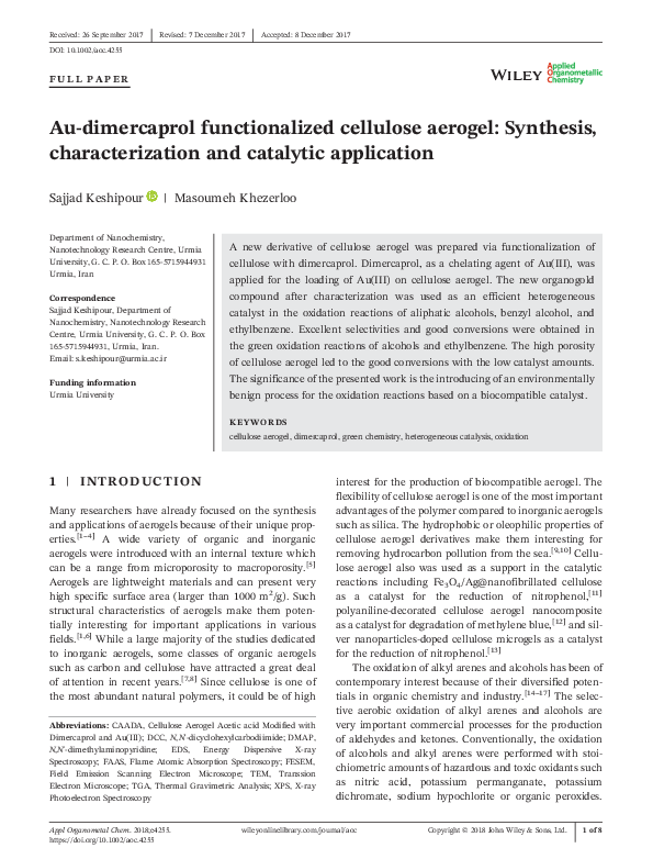 (PDF) Au-dimercaprol functionalized cellulose aerogel: Synthesis ...