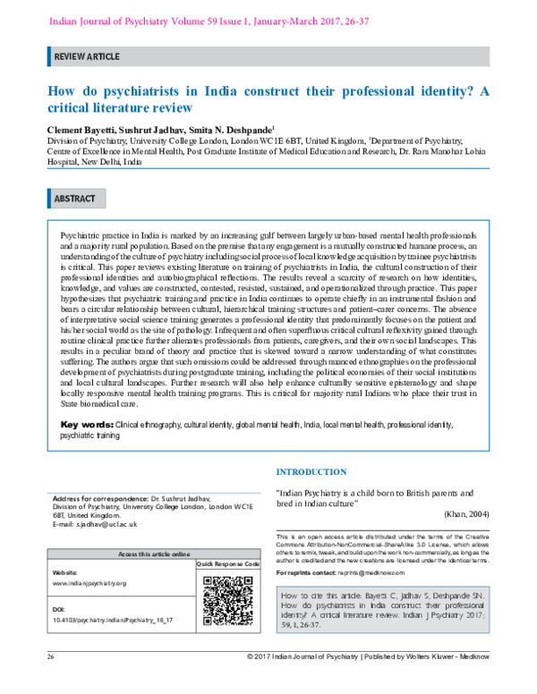 (PDF) How do psychiatrists in India construct their professional identity? A critical literature