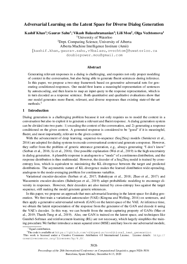(PDF) Adversarial Learning on the Latent Space for Diverse Dialog ...