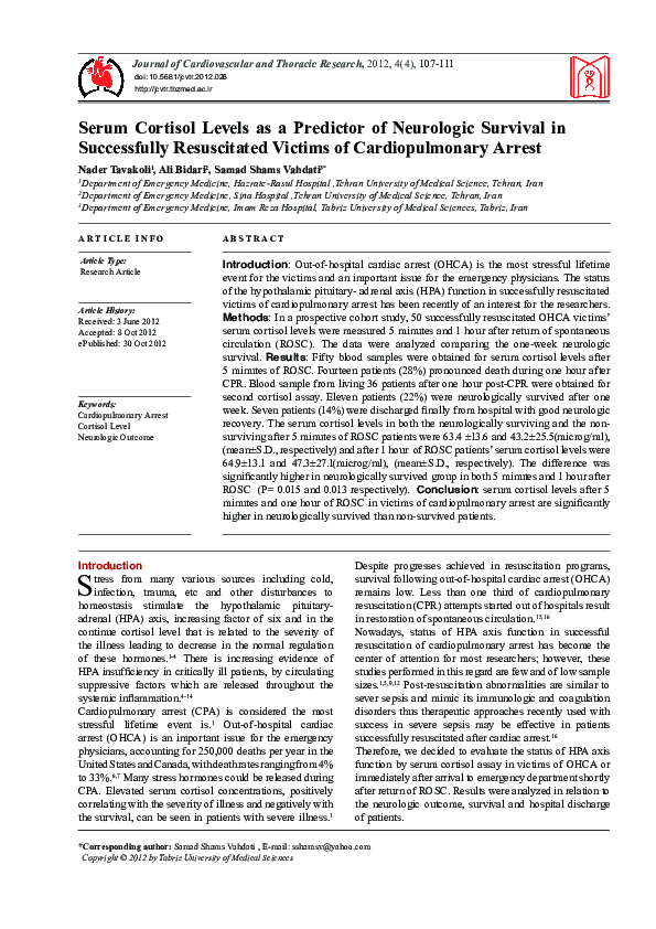 (PDF) Serum Cortisol Levels as a Predictor of Neurologic Survival ...