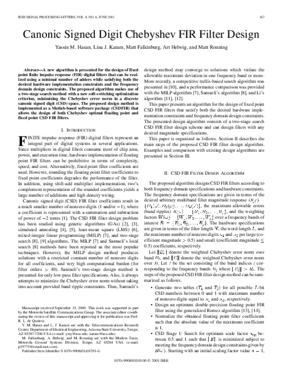 (PDF) Canonic signed digit Chebyshev FIR filter design