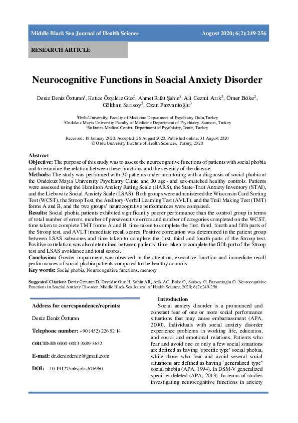 (PDF) Neurocognitive Functions in Social Anxiety Disorder