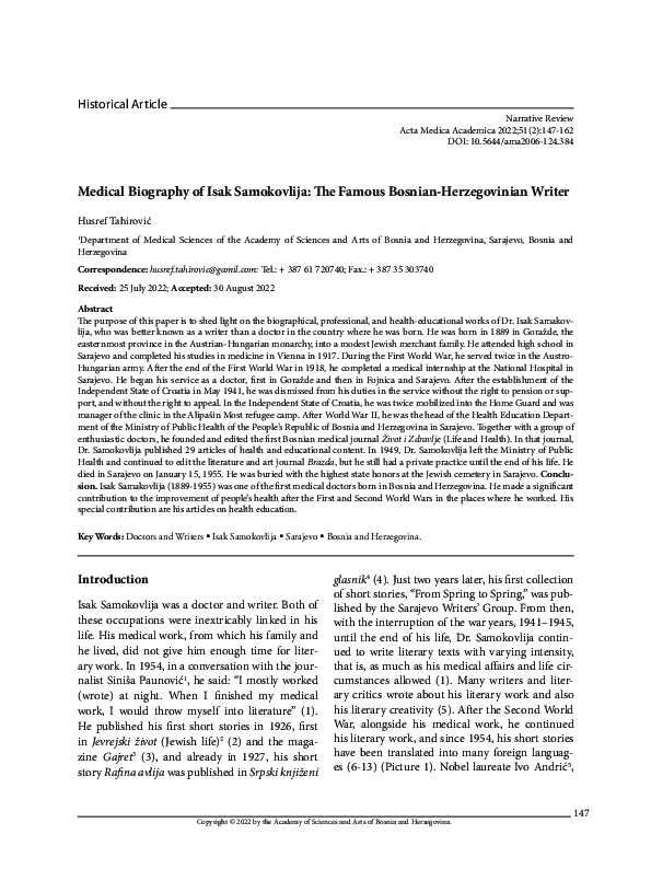 (PDF) Medical Biography of Isak Samokovlija: The Famous Bosnian ...