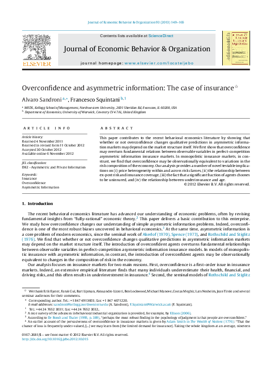 (PDF) Overconfidence and asymmetric information: The case of insurance