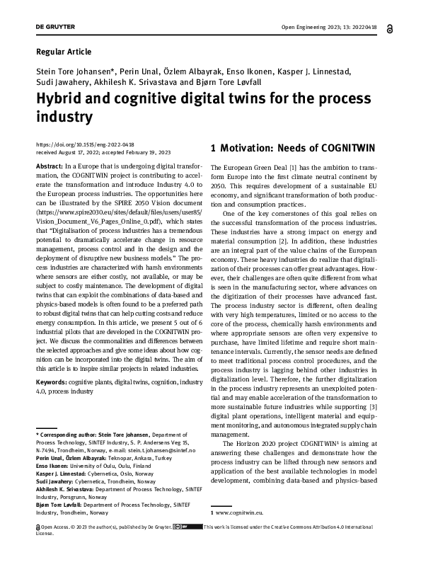 (PDF) Hybrid and cognitive digital twins for the process industry