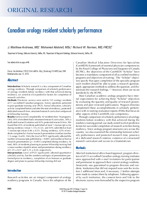 (PDF) Canadian urology resident scholarly performance