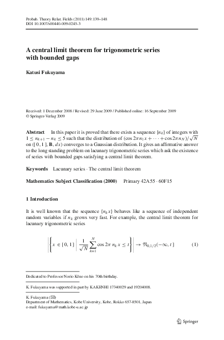 (PDF) A central limit theorem for trigonometric series with bounded gaps