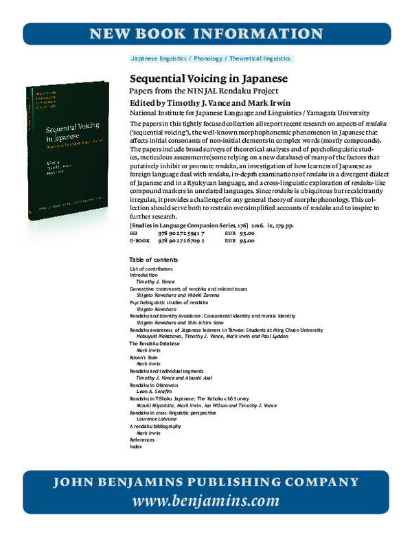 (PDF) Sequential voicing in Japanese : papers from the NINJAL Rendaku ...
