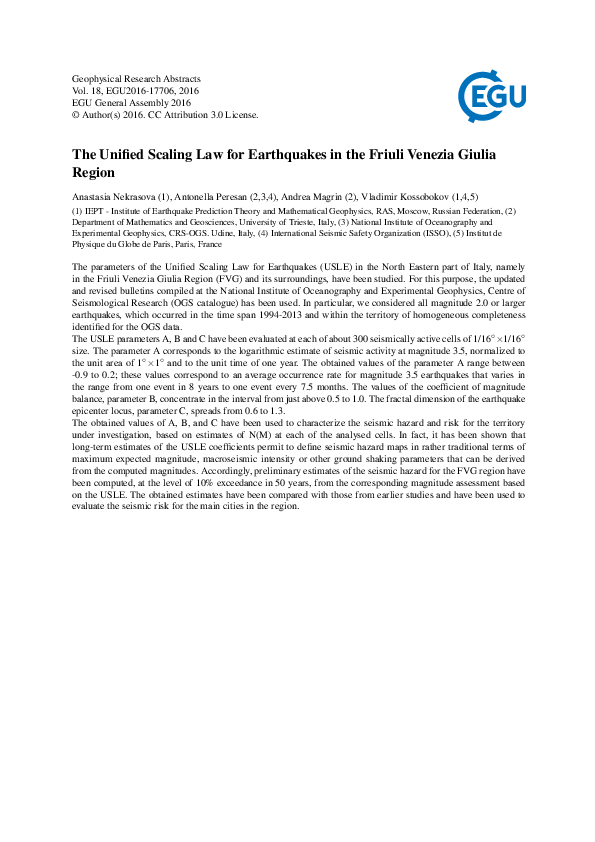 (PDF) The Unified Scaling Law for Earthquakes in the Friuli Venezia ...