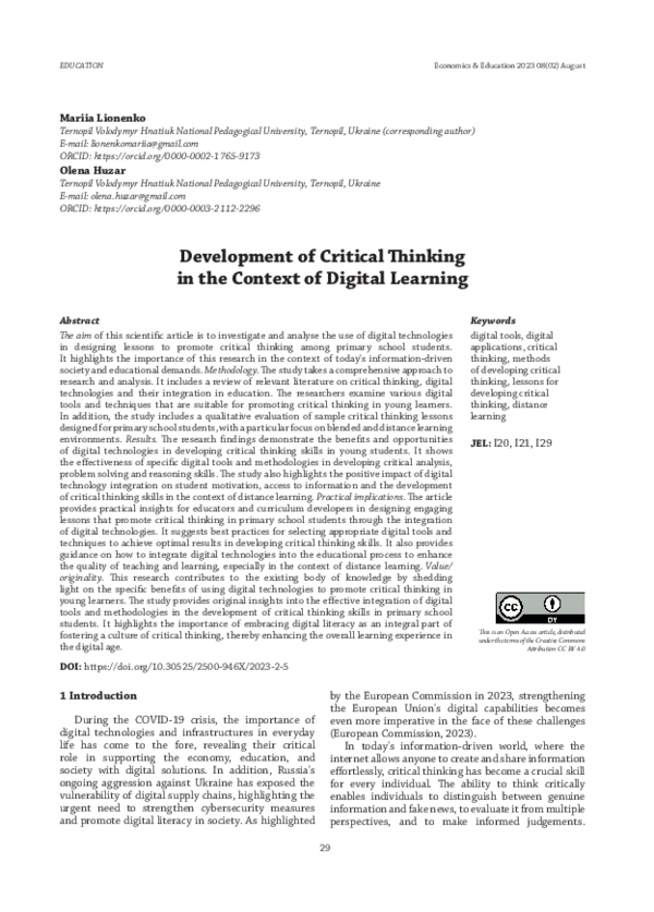 (PDF) Development of Critical Thinking in the Context of Digital Learning