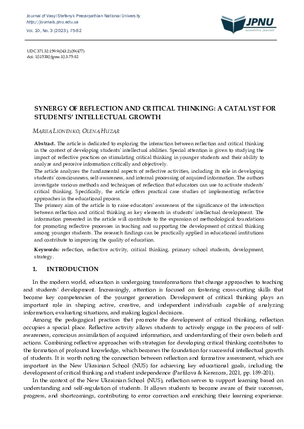 (PDF) Synergy of Reflection and Critical Thinking: a Catalyst for ...