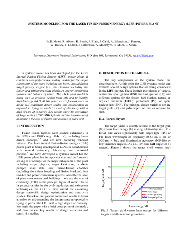 (PDF) Systems Modeling for the Laser Fusion-Fission Energy (LIFE) Power ...