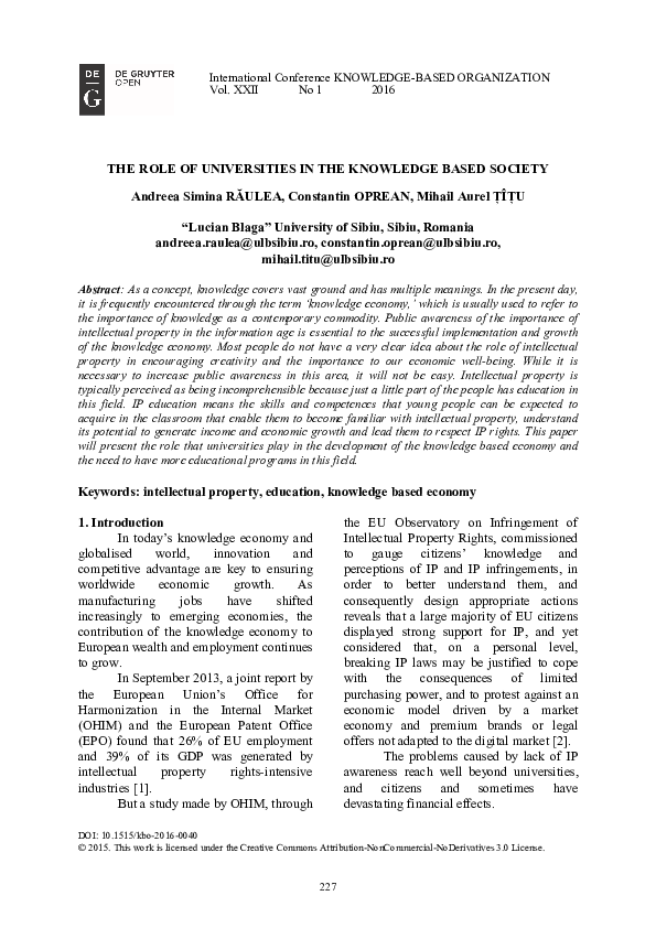 (PDF) The Role of Universities in the Knowledge based Society