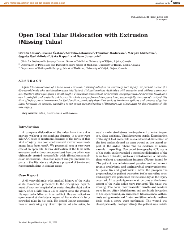 (PDF) Open total talar dislocation with extrusion (missing talus)