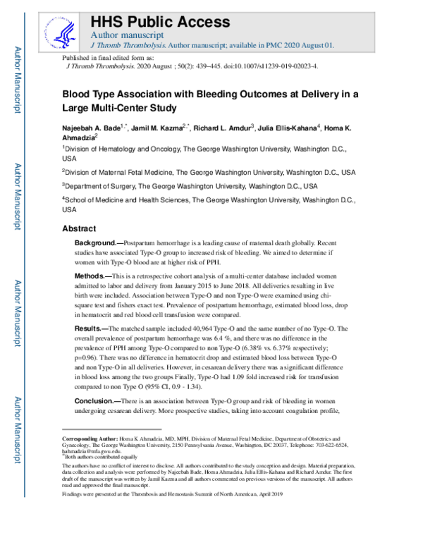 (PDF) Blood type association with bleeding outcomes at delivery in a ...
