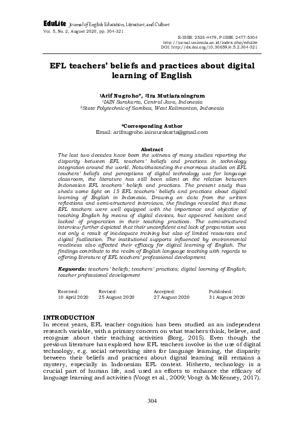 (PDF) EFL teachers beliefs and practices about digital learning of English