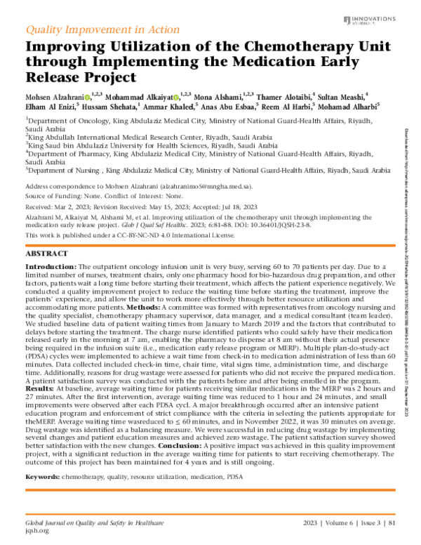 Improving Utilization of the Chemotherapy Unit through Implementing the Medication Early Release Project