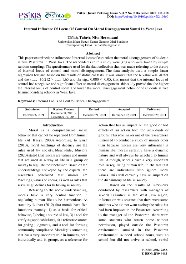 (PDF) Internal Influence Of Locus Of Control On Moral Disengagement ...