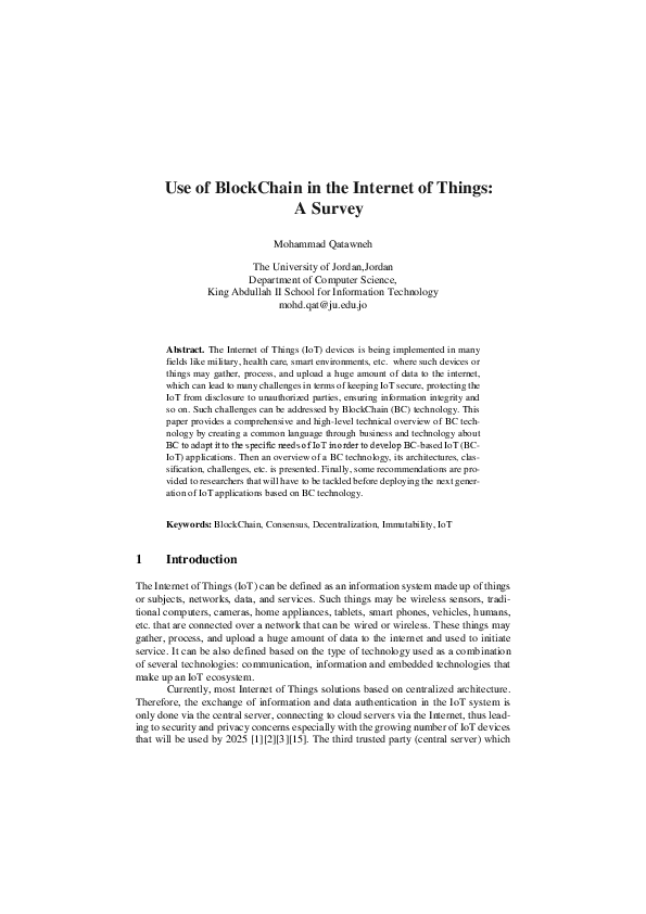 (PDF) Use of blockchain in the internet of things: a survey