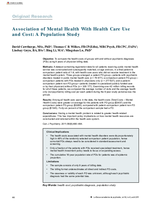 (PDF) Association of Mental Health with Health Care Use and Cost: A ...