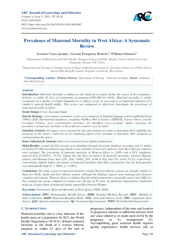 (PDF) Prevalence of Maternal Mortality in West Africa: A Systematic Review