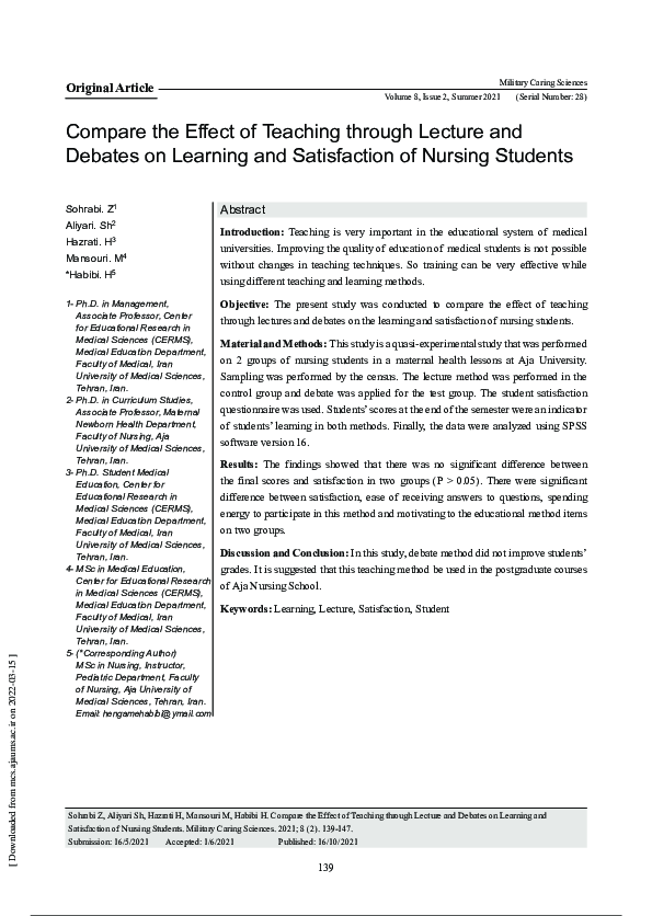 (PDF) Compare the Effect of Teaching through Lecture and Debates on ...