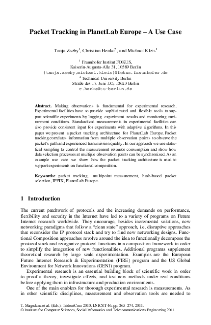 (PDF) Packet Tracking in PlanetLab Europe – A Use Case