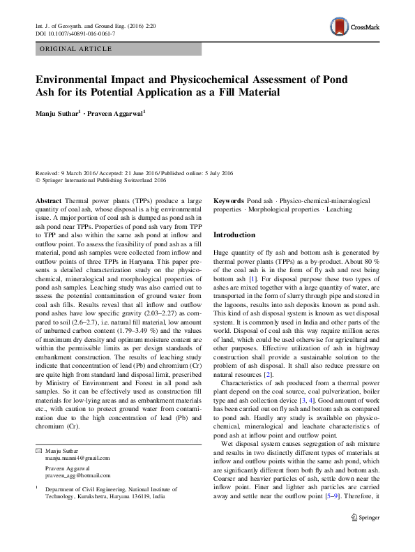 (PDF) Environmental Impact and Physicochemical Assessment of Pond Ash ...