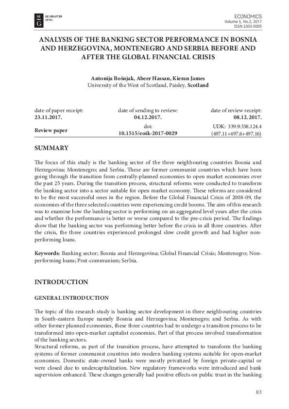 (PDF) Banking Sector Performance in SEE Post-Crisis