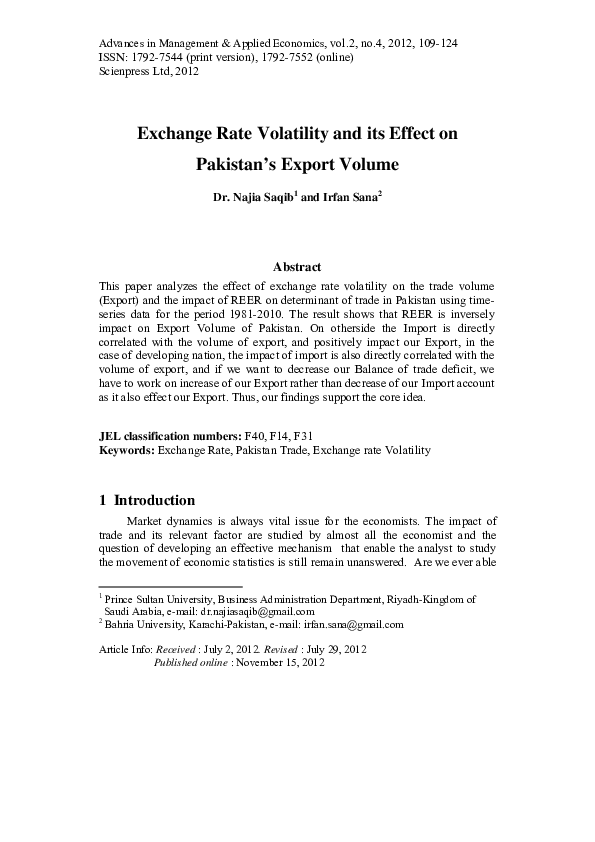 (PDF) Exchange Rate Volatility and Its Effect on Pakistan’s Export Volume