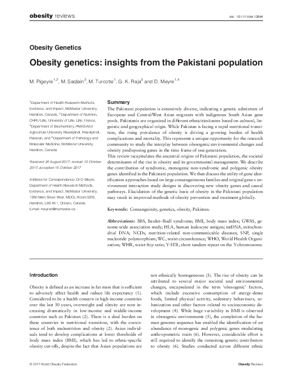 (PDF) Obesity genetics: insights from the Pakistani population