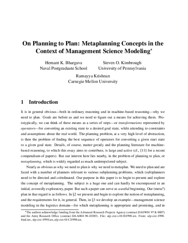 (PDF) On planning to plan: Metaplanning concepts in the context of ...