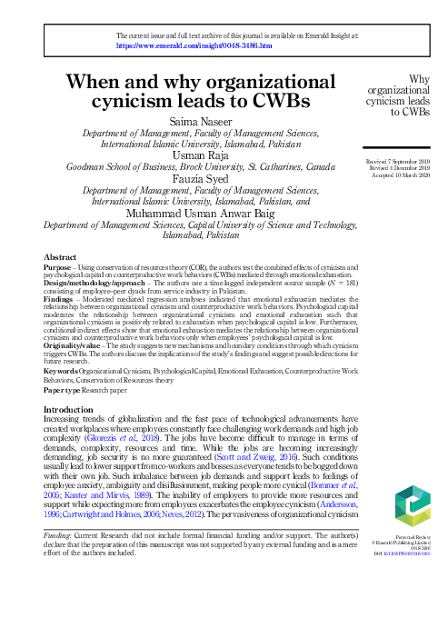 (PDF) When and why organizational cynicism leads to CWBs
