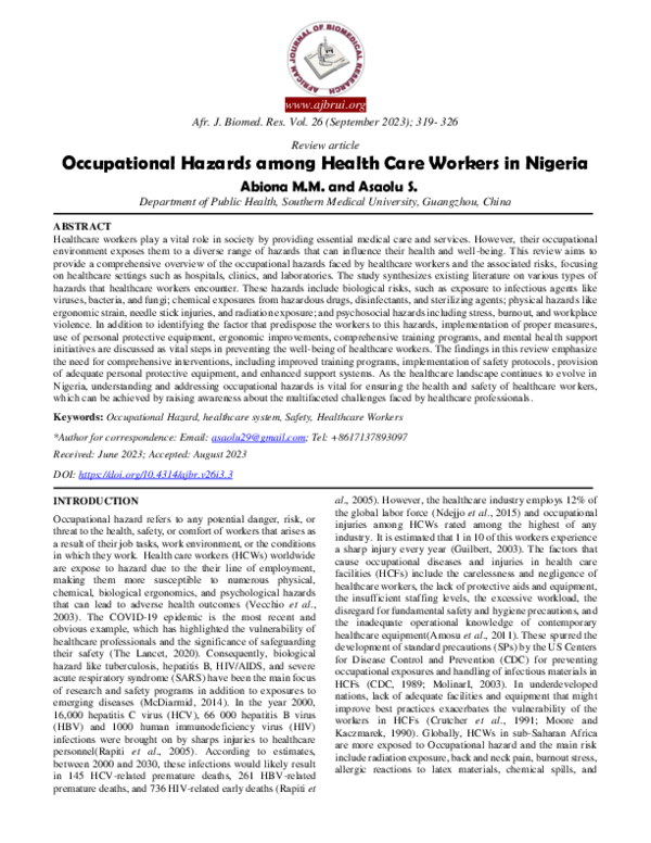 (PDF) Occupational Hazards among Health Care Workers in Nigeria