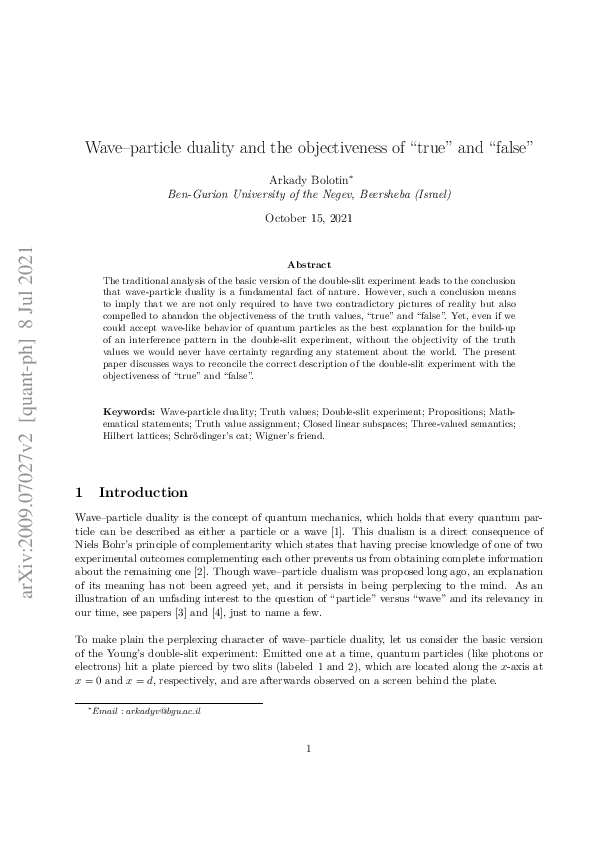 (PDF) Wave-Particle Duality and the Objectiveness of “True” and “False”