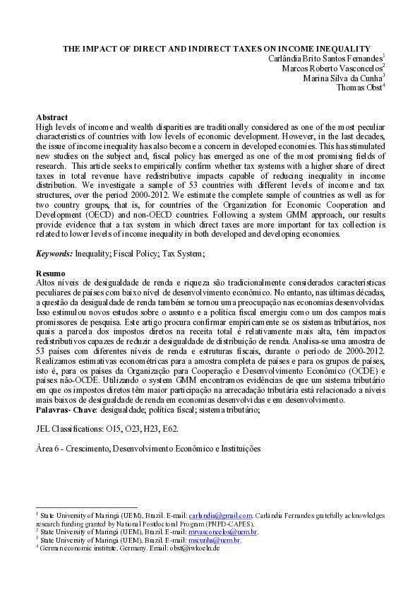 (PDF) The Impact of Direct and Indirect Taxes on Income Inequality