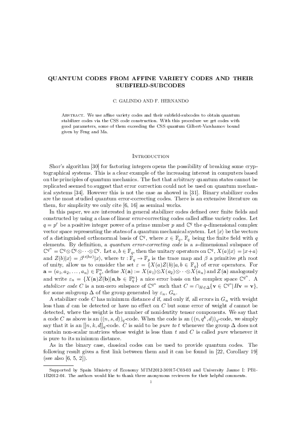 (PDF) Quantum codes from affine variety codes and their subfield-subcodes