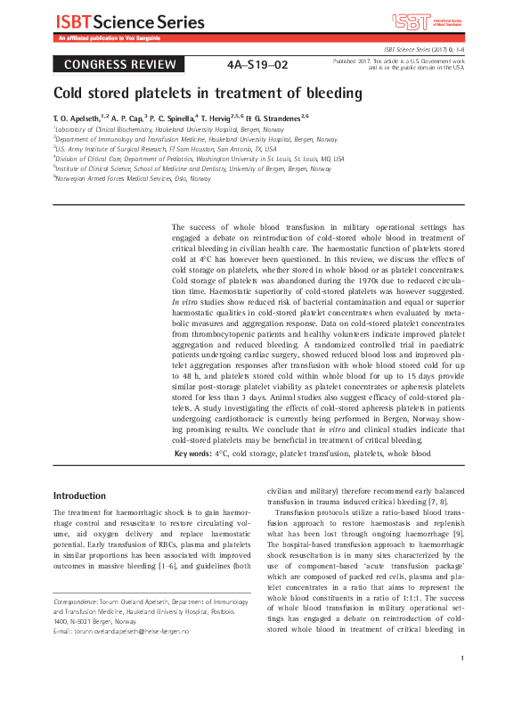(PDF) Cold stored platelets in treatment of bleeding