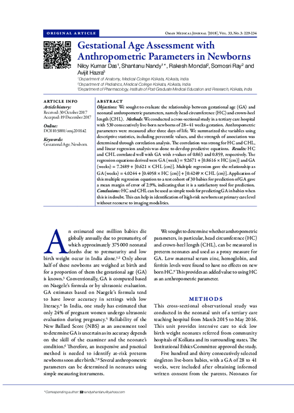 (PDF) Gestational Age Assessment with Anthropometric Parameters in Newborns