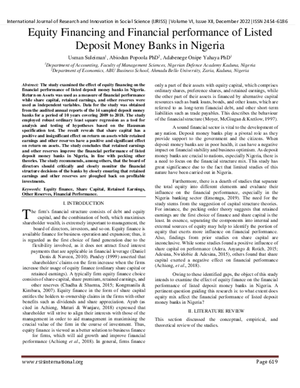 (PDF) Equity Financing and Financial performance of Listed Deposit ...