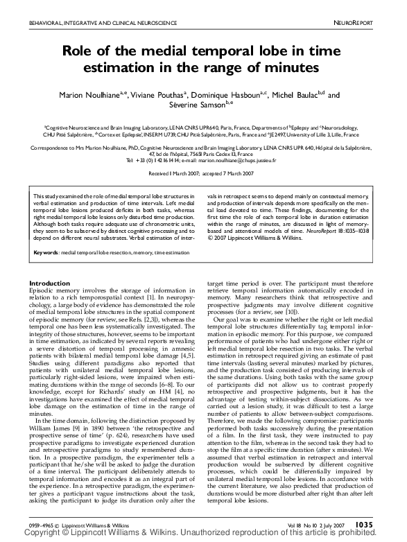 (PDF) Role of the medial temporal lobe in time estimation in the range ...