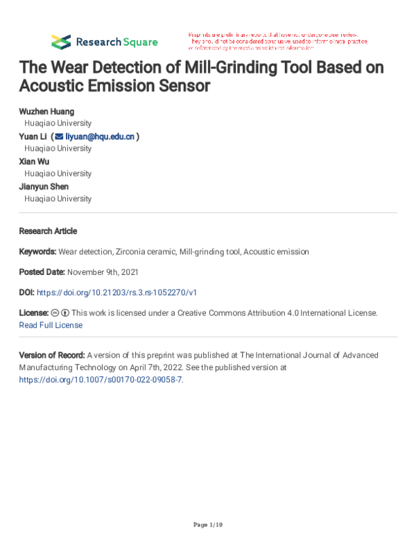 (PDF) The wear detection of mill-grinding tool based on acoustic ...