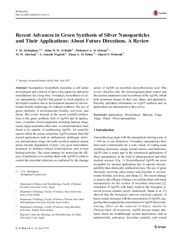 (PDF) Recent Advances in Green Synthesis of Silver Nanoparticles and ...