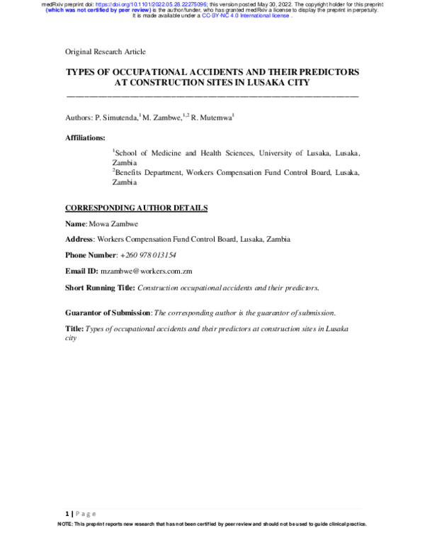 Types of occupational accidents and their predictors at construction sites in Lusaka city