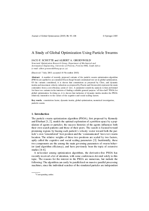 (PDF) A Study of Global Optimization Using Particle Swarms
