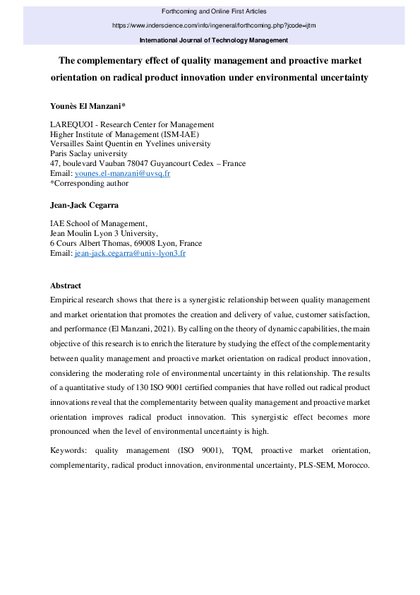 (PDF) The complementary effect of quality management and proactive ...